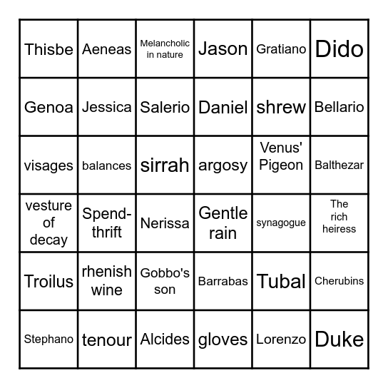 Merchant of Venice Bingo Card