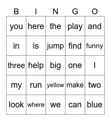Sight Words Bingo Card