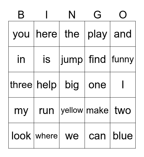 Sight Words Bingo Card