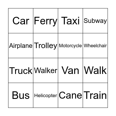 Transportation Bingo  Bingo Card