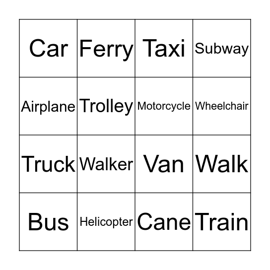 Transportation Bingo  Bingo Card