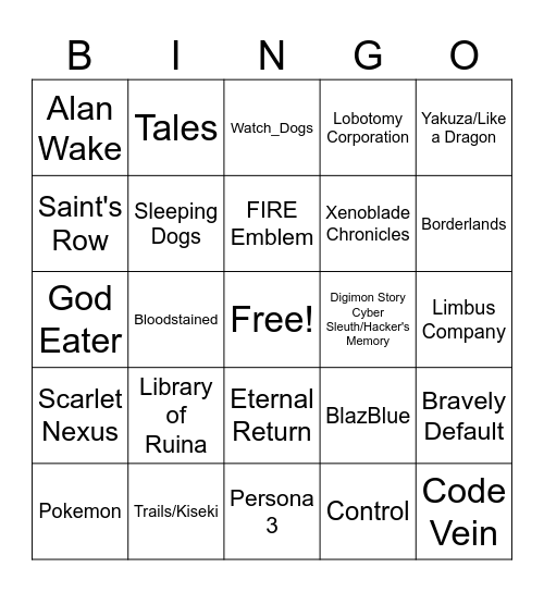 Games Bingo Card