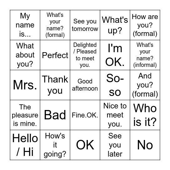 Greetings and Introductions Bingo Card