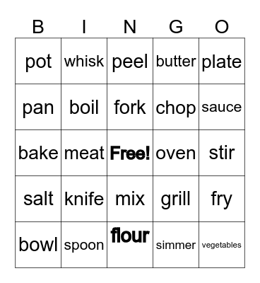 Cooking vocab Bingo Card