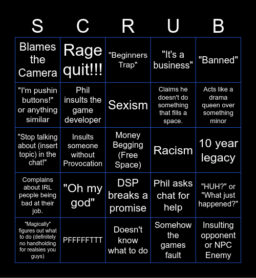 DSP Game Stream Bingo Card