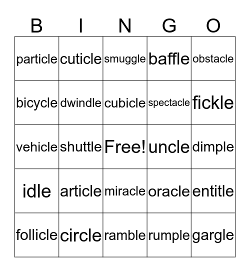 Consonant L E  Bingo Card