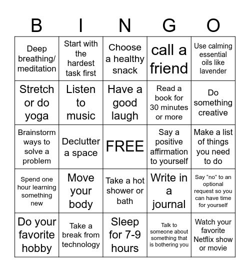 Stress Management Bingo Card