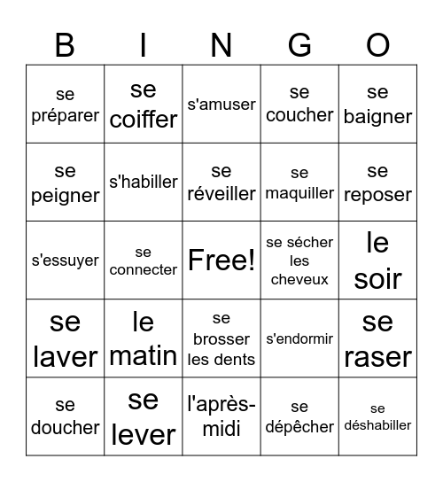 Reflexive Verbs - Hygiene 1 Bingo Card