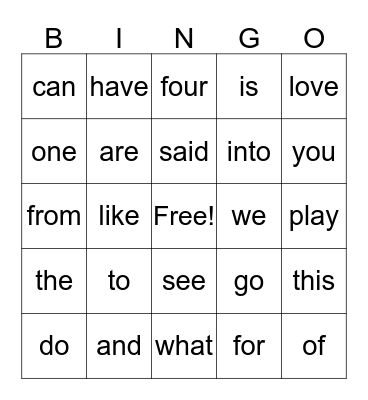 Kindergarten Sight Words Bingo Card