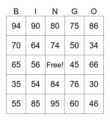 numeros 30 - 90 Bingo Card