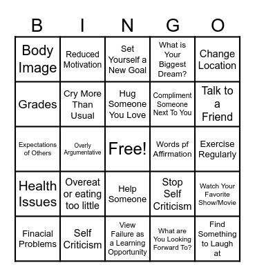 College Mental Health Bingo Card