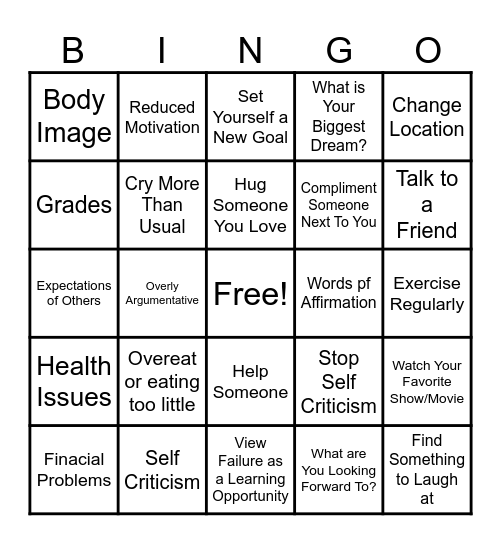 College Mental Health Bingo Card