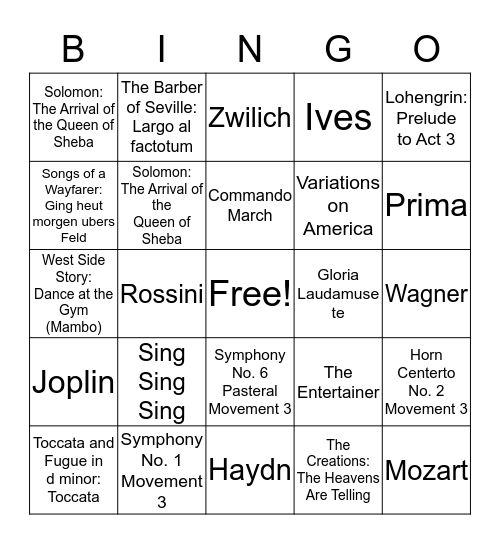 Music Memory Bingo Card