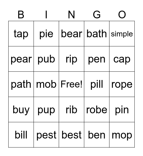 p or b Bingo Card