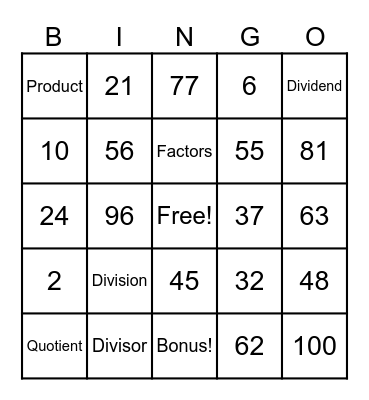 Division Bingo Card