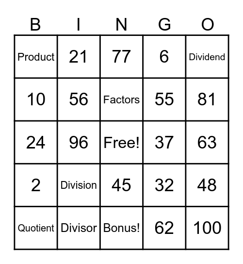 Division Bingo Card