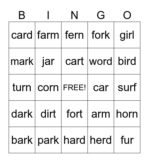 r-controlled vowels Bingo Card