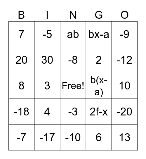 Solving Expressions Bingo Card