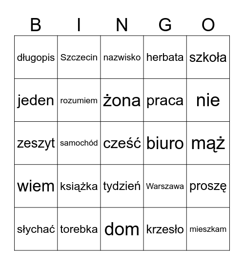 język polski Bingo Card