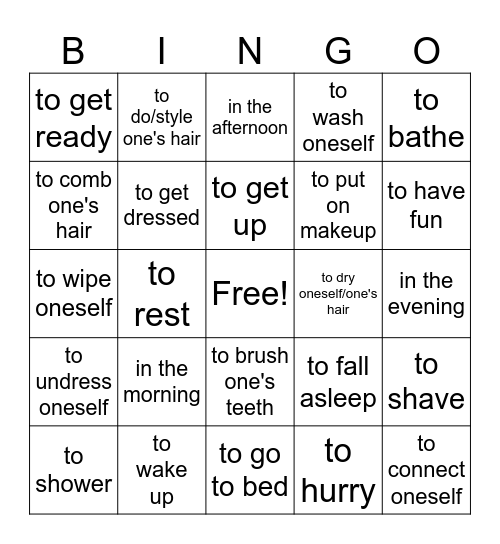 Reflexive Verbs - Hygiene 2 Bingo Card