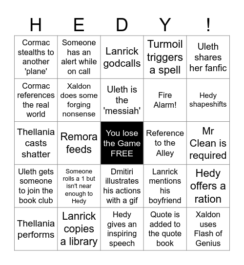 Hunter's Bingo Card