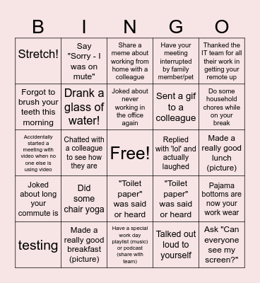 Remote Work Bingo Card