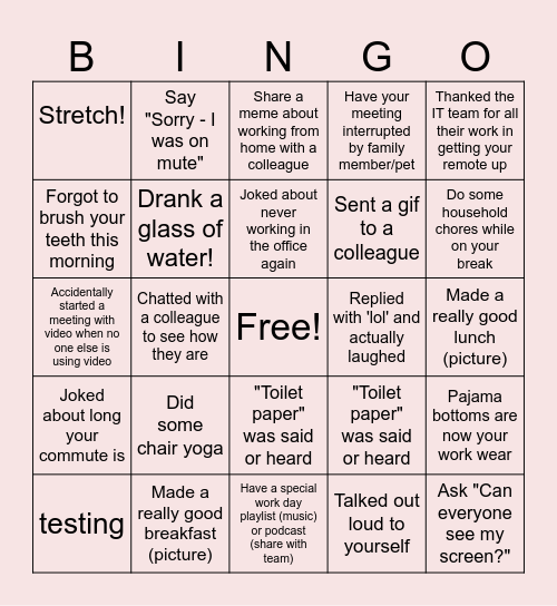 Remote Work Bingo Card