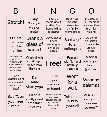 Remote Work Bingo Card