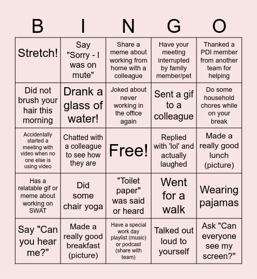 Remote Work Bingo Card