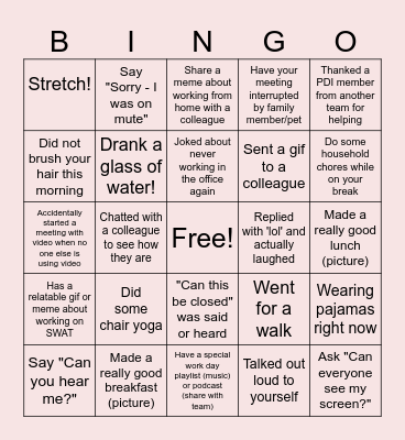 Remote Work Bingo Card
