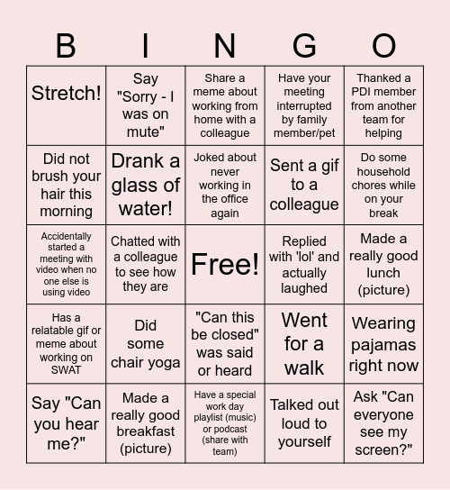 Remote Work Bingo Card