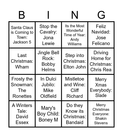 Christmas Songs Bingo Card