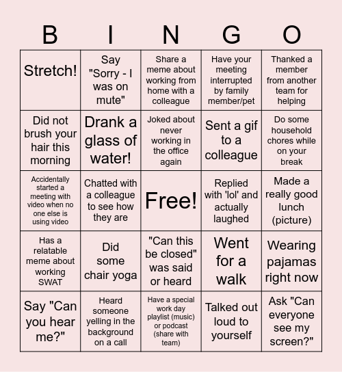 Remote Work Bingo Card