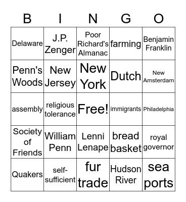 Middle Colonies Bingo Card