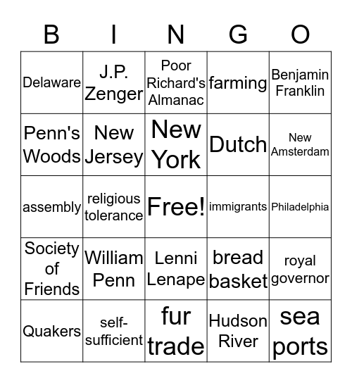 Middle Colonies Bingo Card