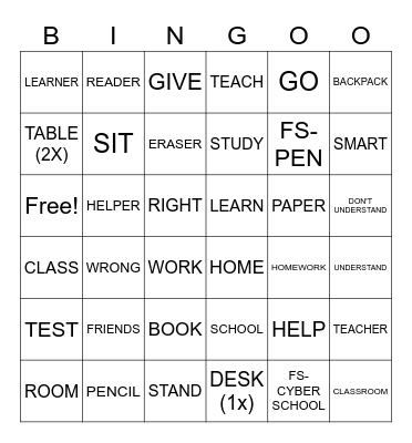 School Sign Vocabulary Bingo Card