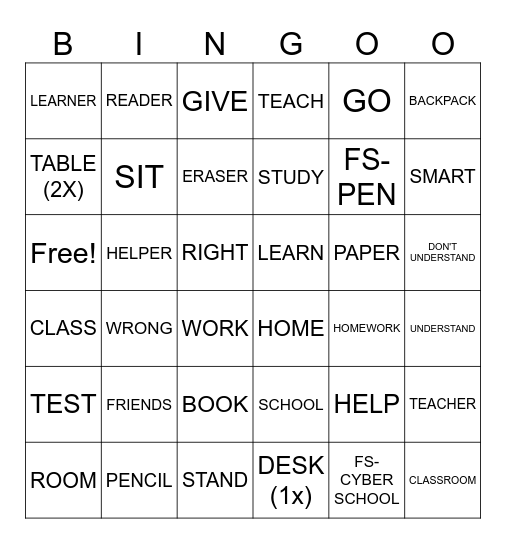 School Sign Vocabulary Bingo Card