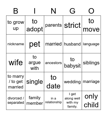 Familie Bingo Card