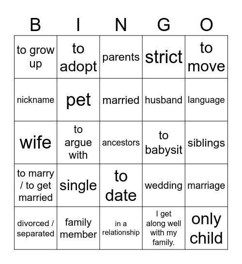 Familie Bingo Card