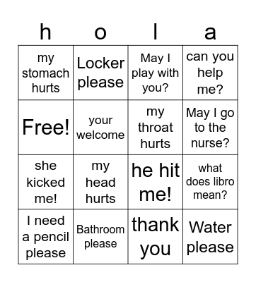 School Expressions Bingo Card