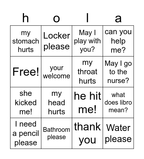 School Expressions Bingo Card