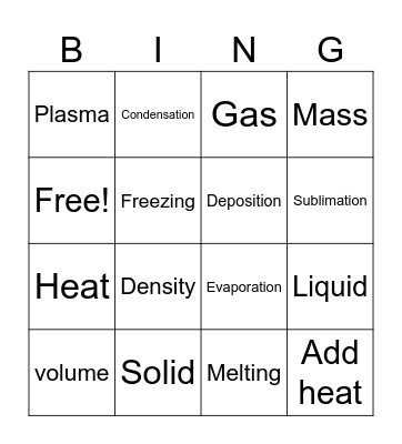 States of matter Bingo Card