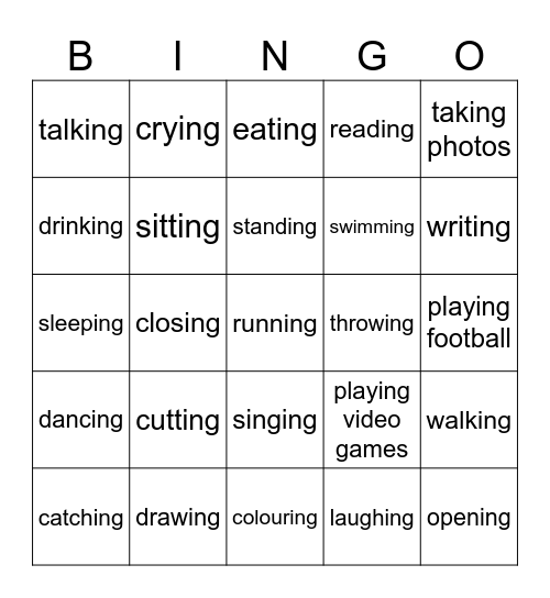 Basic Action Verbs Bingo Card