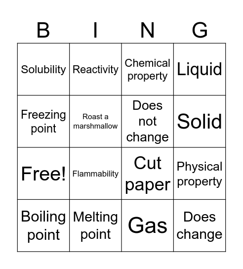 Physical and Chemical Bingo Card