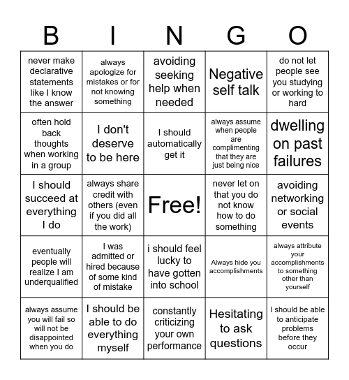 Imposter Syndrome Bingo Card Bingo Card