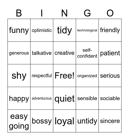 Personality Adjectives Bingo Card