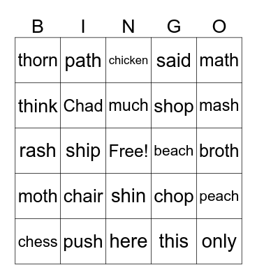 Digraph Bingo Card