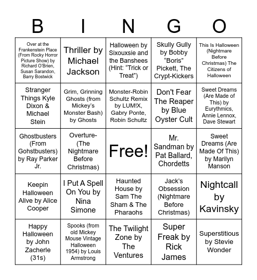 Halloween Music Bingo Card