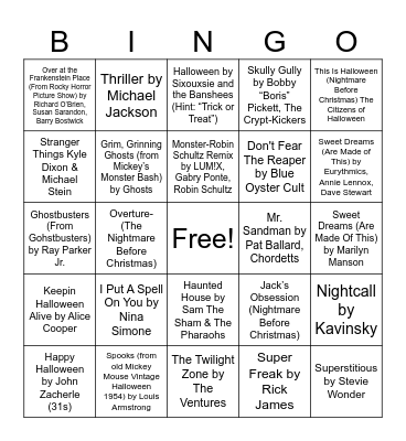 Halloween Music Bingo Card