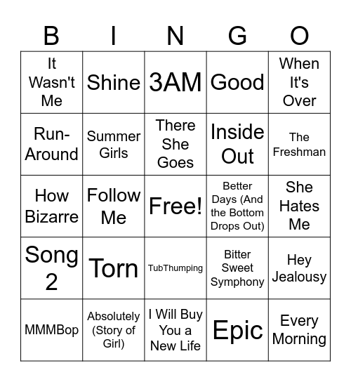 90s One Hit Wonders Bingo Card